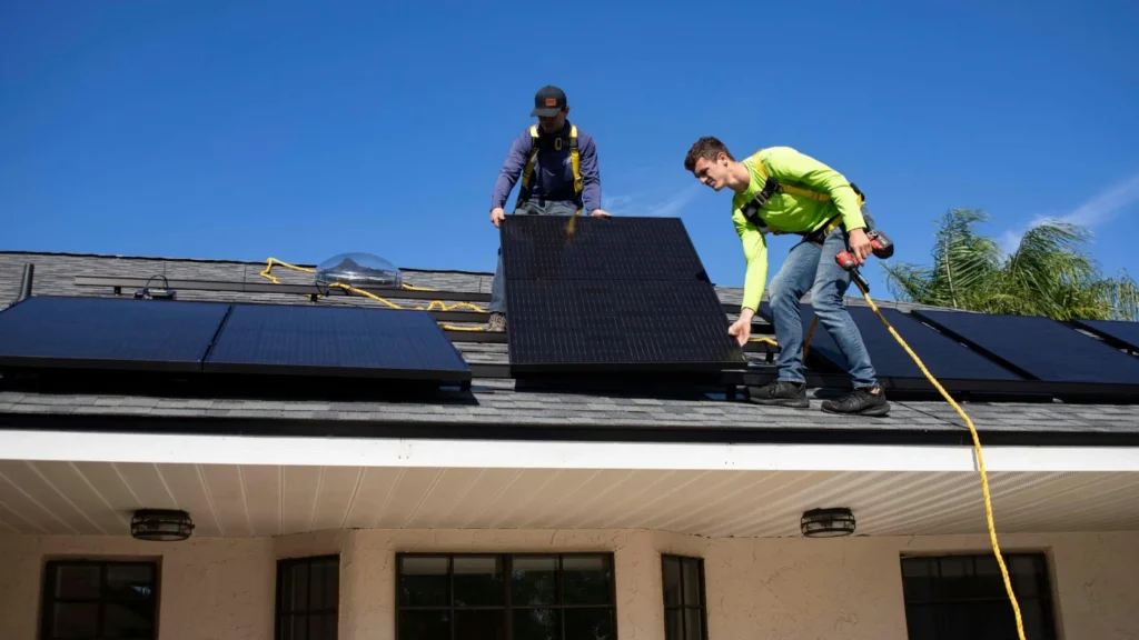 Montage einer Photovoltaikanlage auf einem Hausdach durch Solartechniker – Elektrotechnik -Level Up