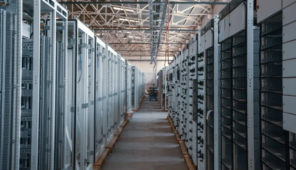 Serverreihen in einem modernen Rechenzentrum mit zentralem Kaltgang – Elektrotechnik -Level Up